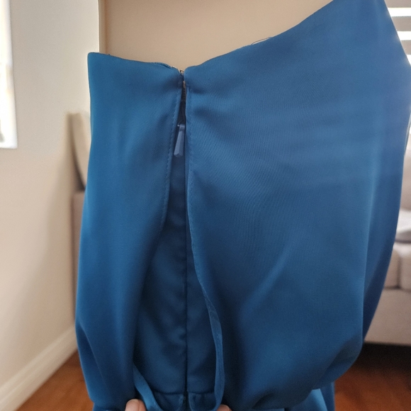 Aqua Blue Satin One Shoulder Dress - Picture 3 of 10